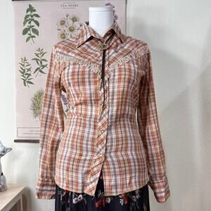Vintage Wrangler Plaid Pearl Snap Fringe Western Shirt Coastal Cowgirl Rodeo S